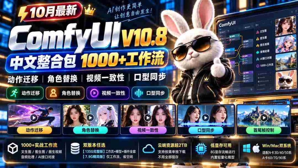 全新V10.8版ComfyUI中文集成版揭晓：千余工作流，动作迁移、角色更替、视频统一与口型同步，低显存轻松应对