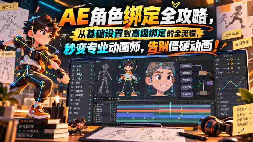 全面解析AE角色绑定技巧，从入门到精通，轻松升级动画达人，告别生硬动画体验，附赠原创双语教学视频！