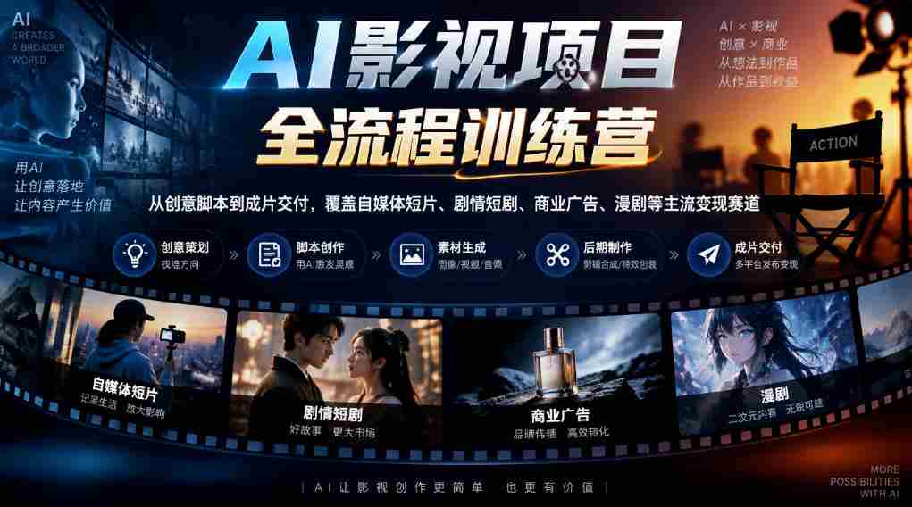 AI影视制作全方位培训营：从构思脚本至成品呈现，涵盖短视频、剧集、广告、漫画等多种盈利领域