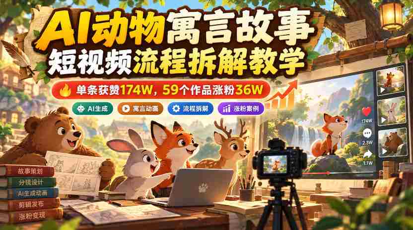 揭秘短视频制作攻略：AI动物寓言故事爆款秘诀，一条视频吸粉174万，59部作品助力涨粉36万