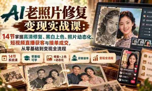 深度解锁AI照片修复技巧：14堂实战课程，轻松实现高清还原、黑白影像上色、照片动化，短视频直播吸粉赢订单，零基础到盈利一网打尽