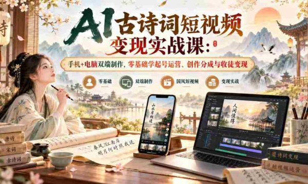 AI古诗词短视频变现实战课：手机+电脑双端制作，零基础学起号运营、创作分成与收徒变现